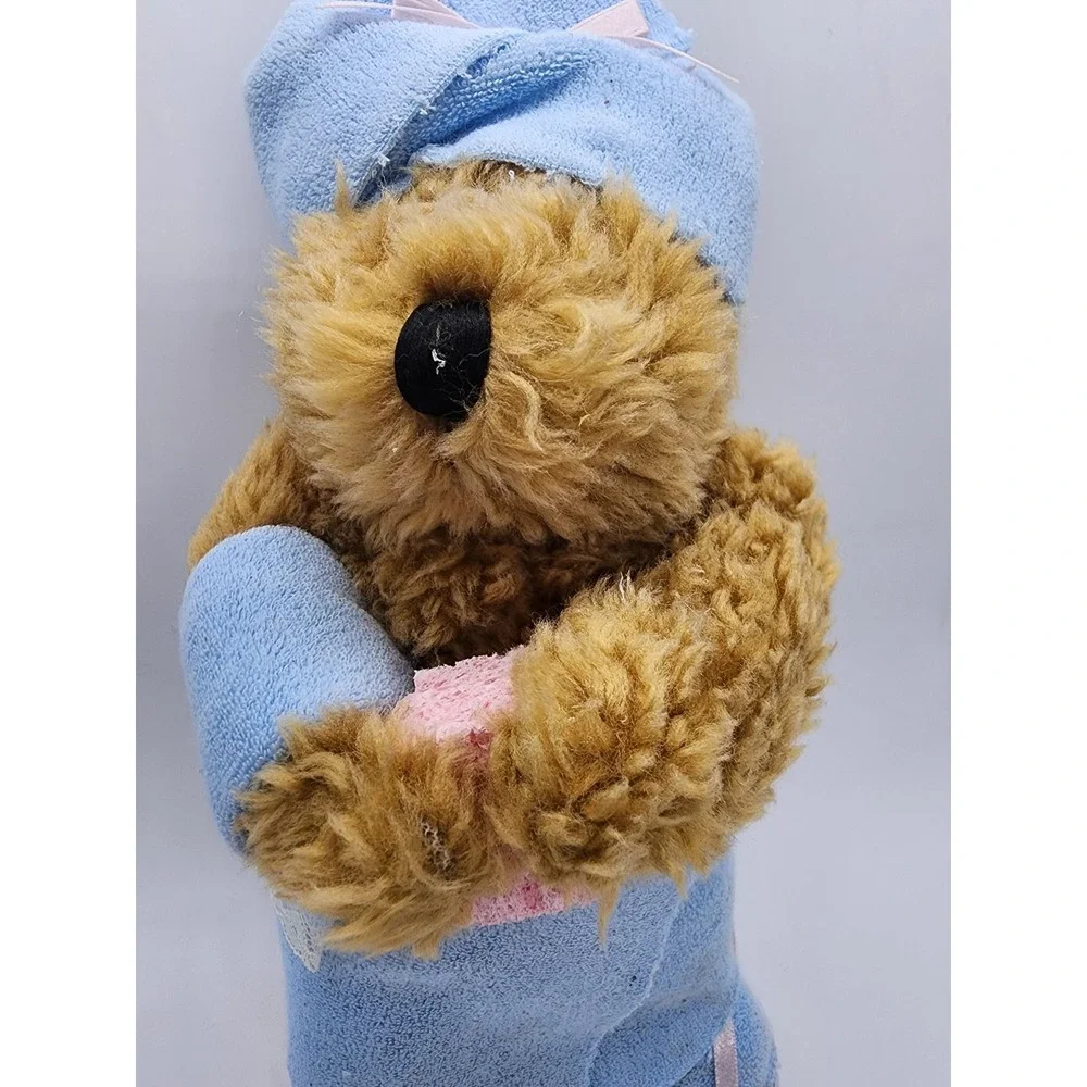 Vintage Plush Teddy Bear in Blue Spa Bath Robe with Towel Wrap and Slippers 11